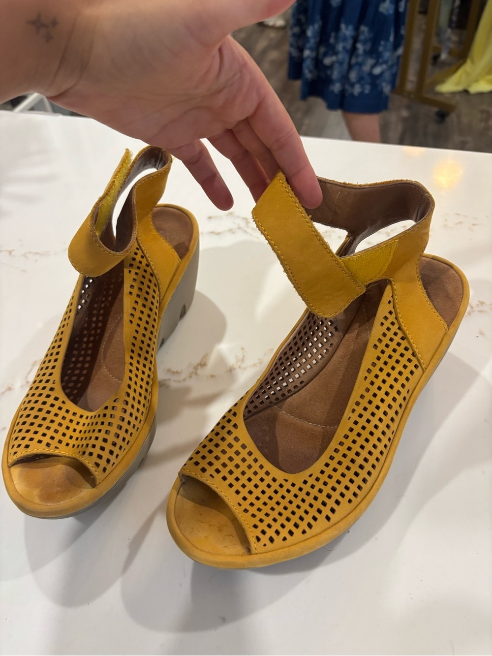 Clarks Mustard Yellow Perforated Wedge Sandals - Picture 2 of 4